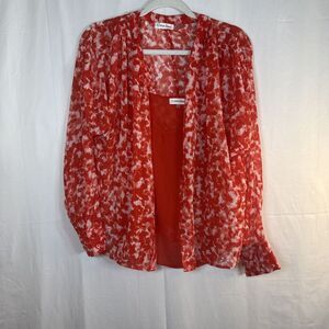 Women’s CALVIN KLEIN Red Print Sheer Long Sleeve Blouse Size Large Preowned